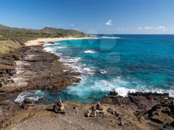 View from Halona Blowhole down towards Sandy Beach near Waikiki in Hawaii