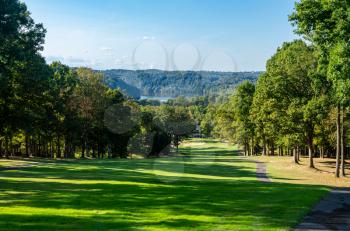 Panorama of the autumn fall colors from golf fairway surrounding Cheat Lake, Morgantown, West Virginia