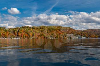 Panorama of the autumn fall colors surrounding Cheat Lake with artificial water surface near Morgantown, West Virginia