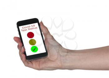 Mockup of hand holding smartphone app showing immunity to coronavirus with red green and yellow lights isolated against white