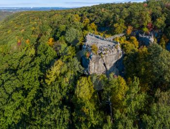 Aerial drone image of the Coopers Rock state park overlook over the Cheat River valley in the autumn looking towards Cheat Lake near Morgantown, WV