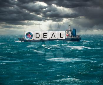 Global trading with container ship carrying Brexit deal concept for December 2020 if no trade deal with EU happens and no deal exit results