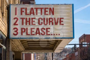 Concept illustration of movie cinema billboard with flatten the curve, please, message to help healthcare workers deal with the coronavirus epidemic.
