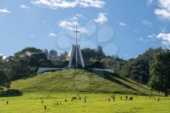 Modern church or chapel in the graveyard of the Valley of the Temples in Oahu, Hawaii