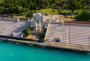 Overhead aerial view of Waikiki Natatorium War Memorial on Oahu in Hawaii