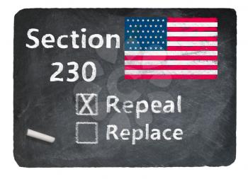 Concept of blackboard and chalk asking if Section 230 on internet companies should be repealed or replaced