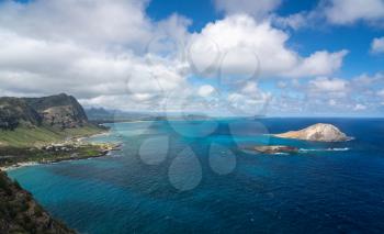 Panorama across the East coastline of Oahu over Makapu'u beach with Rabbit and Kaohikaipu islands from lighthouse