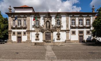 Guimaraes, Portugal - 18 August 2019: Courtyard and facade of the City or Town hall of Guimaraes in northern Portugal