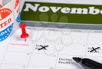 Calendar for November showing election day and various deleted reminders for results dues to delays in counting absentee ballot votes