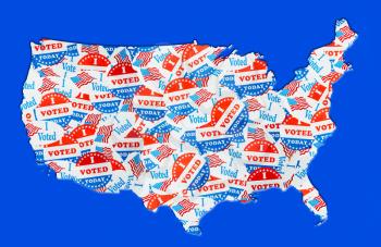 Many voting stickers given to US voters in Presidential election formed in the shape of the USA to illustrate vote rights