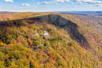 Aerial drone image of the Coopers Rock state park overlook over the Cheat River valley in the autumn looking towards Cheat Lake near Morgantown, WV