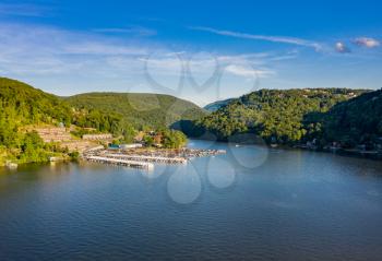 Wide panoramic view of Cheat Lake near Morgantown in West Virginia from aerial drone shot above the water