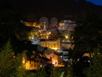 Night view of the Portuguese town of Sintra with the spectacular town hall in the foreground