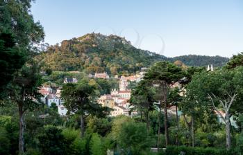 View of the Portuguese town of Sintra with the Moorish fortress on the hilltop above the city