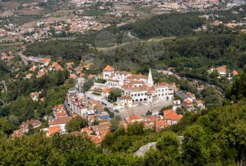 Aerial view of the town of Sintra and the National Palace from the walls of Moorish castle