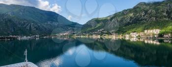 Approaching town of Kotor and the coastline of Gulf of Kotor in Montenegro
