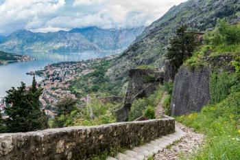 Aerial view of Dobrota and Kotor from hike to Fortress