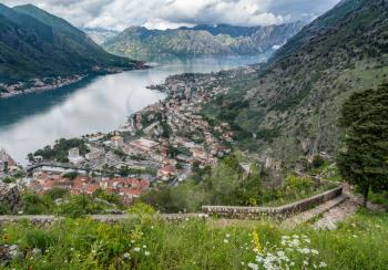 Aerial view of Dobrota and Kotor from hike to Fortress