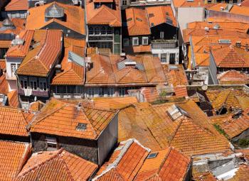 Porto, Portugal - 12 August 2019: View over the roofs from the top of the Cathedral tower in Oporto