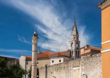 Belltower and Pillar of Shame in the ancient old town of Zadar in Croatia