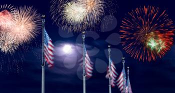 Composite of multiple firework explosions against dark blue sky with row of Stars and Stripes flags for Independence day celebrations