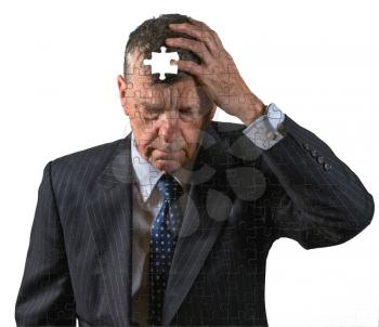 Front view and face of senior caucasian man afraid of dementia and Alzheimer's disease using jigsaw concept