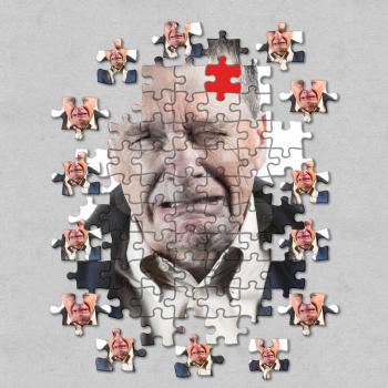 Front view and face of senior caucasian man afraid of mental illness, dementia or Alzheimer's disease using jigsaw concept