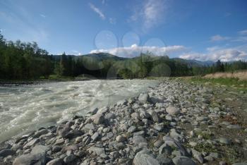 The mountain river in the mountains. Current through the gorge the river. Stones and rocky land near the river. Beautiful mountain landscape.