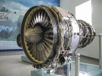 Gatchina, Russia - June 16, 2016: Museum of the history of aircraft engine building. Aircraft engines on stands. Turbine engines and internal combustion engines. Models of aircraft construction.