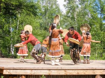 Petropavlovsk-Kamchatsky, Russia - July 12, 2018: Folk dances of the indigenous peoples of Kamchatka, theatrical performance in the central park of Petropavlovsk-Kamchatsky