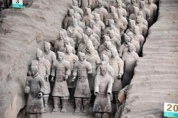 XIAN, CHINA - October 29, 2017: Terracotta Army. Clay soldiers of the Chinese emperor. Sculptures of the soldiers of the emperor.