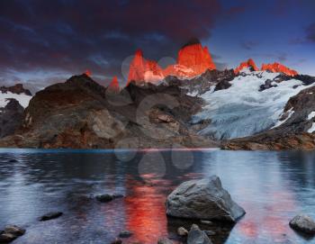 Laguna de Los Tres and mount Fitz Roy, Dramatical sunrise, Patagonia, Argentina