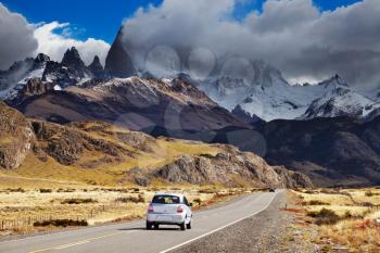 Mount Fitz Roy in the clouds, road to Los Glaciares National Park, Patagonia, Argentina