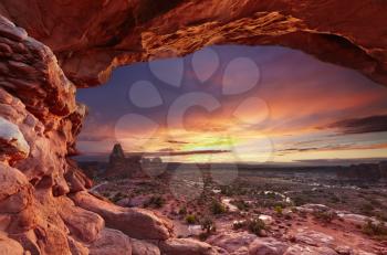 North Window Arch and Turret Arch at sunset, Arches National Park, Utah, USA