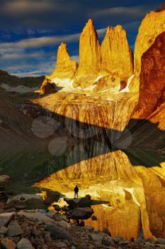 Towers with reflection at sunrise, Torres del Paine National Park, Patagonia, Chile