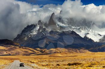 Mount Fitz Roy in the clouds, road to Los Glaciares National Park, Patagonia, Argentina