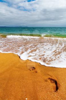 Tropical beach, footsteps on the sand
