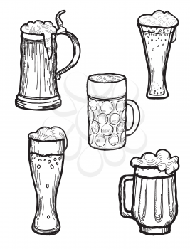 Beer ware set in retro style. Beer Mug and  Beer Glass silhouette doodle engraved collection.