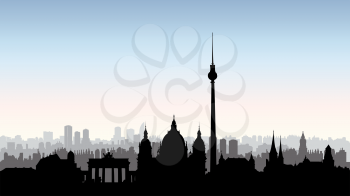 Berlin city buildings silhouette. German urban landscape. Berlin cityscape with landmarks. Travel Germany skyline background.