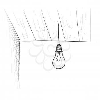 Bulb background. Minimalistic room interior with ceiling lamp. Doodle line sketch illustration