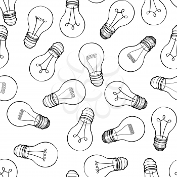 Bulb white background. Electric lamp seamless pattern. Doodle line sketch ornamental decor