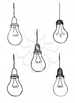 Lamp bulb collection. Light icon set. Hand drawn sketch illustration