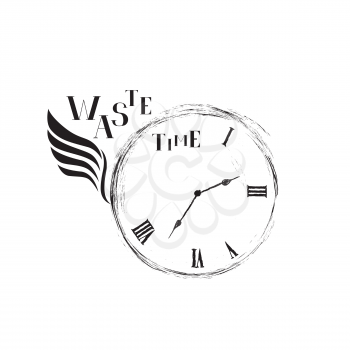 Waste time sign concept. Doodle retro watch dial with wing, damaged numbers