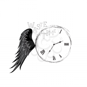 Waste time sign concept. Doodle retro watch dial with wing, damaged numbers