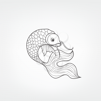 Fish isolated on white background. Doodle Line Art  pattern of underwater marine life in retro chinese style.