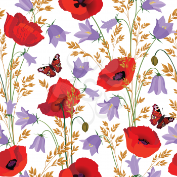Flowers seamless pattern. Floral summer bouquet tile background. Meadow nature decor with bluebell, poppy and butterfly