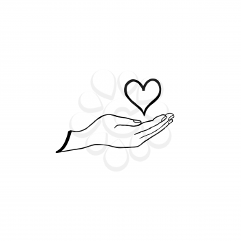 Love heart in your hand. Health care concept. Doodle line drawn heart icon