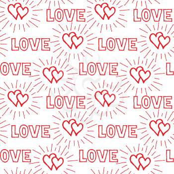 Love hearts and handwritten lettering LOVE seamless pattern. Doodle background. Valentine's day holiday tile ornament