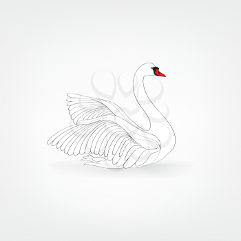 White bird isolated over white background. Swimming swan doodle stylish illustration.