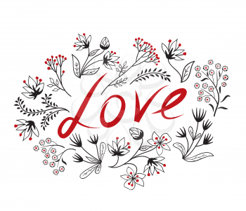 Calligraphic Doodle Love Sign with handwritten lettering LOVE and floral frame. Valentine's day holiday ornamental decor element. Good for wedding, greeting card, bridal invitation, birthday design